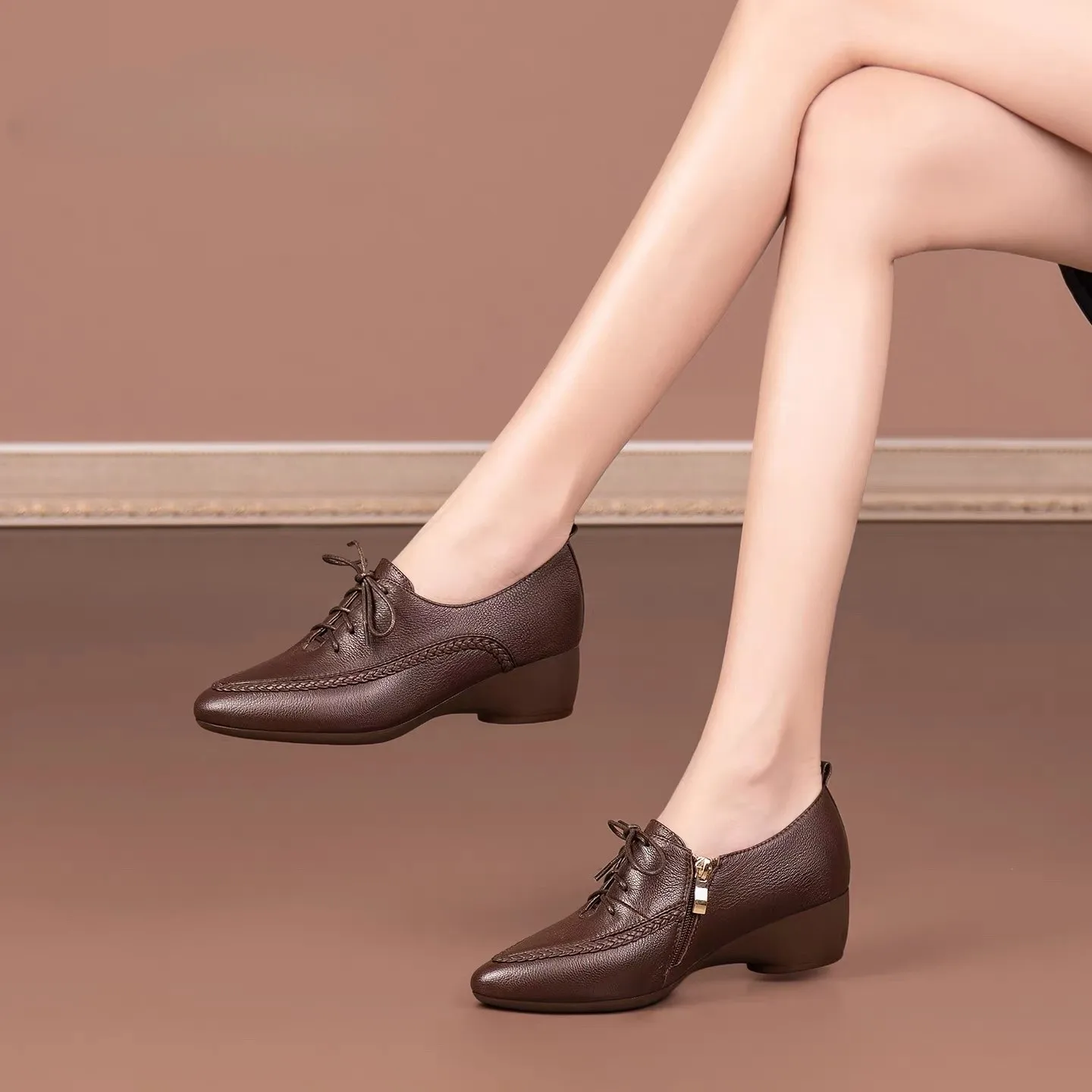 Oxford Lace Up Women - Buty Oxford, sznurowane, na niskim obcasie,