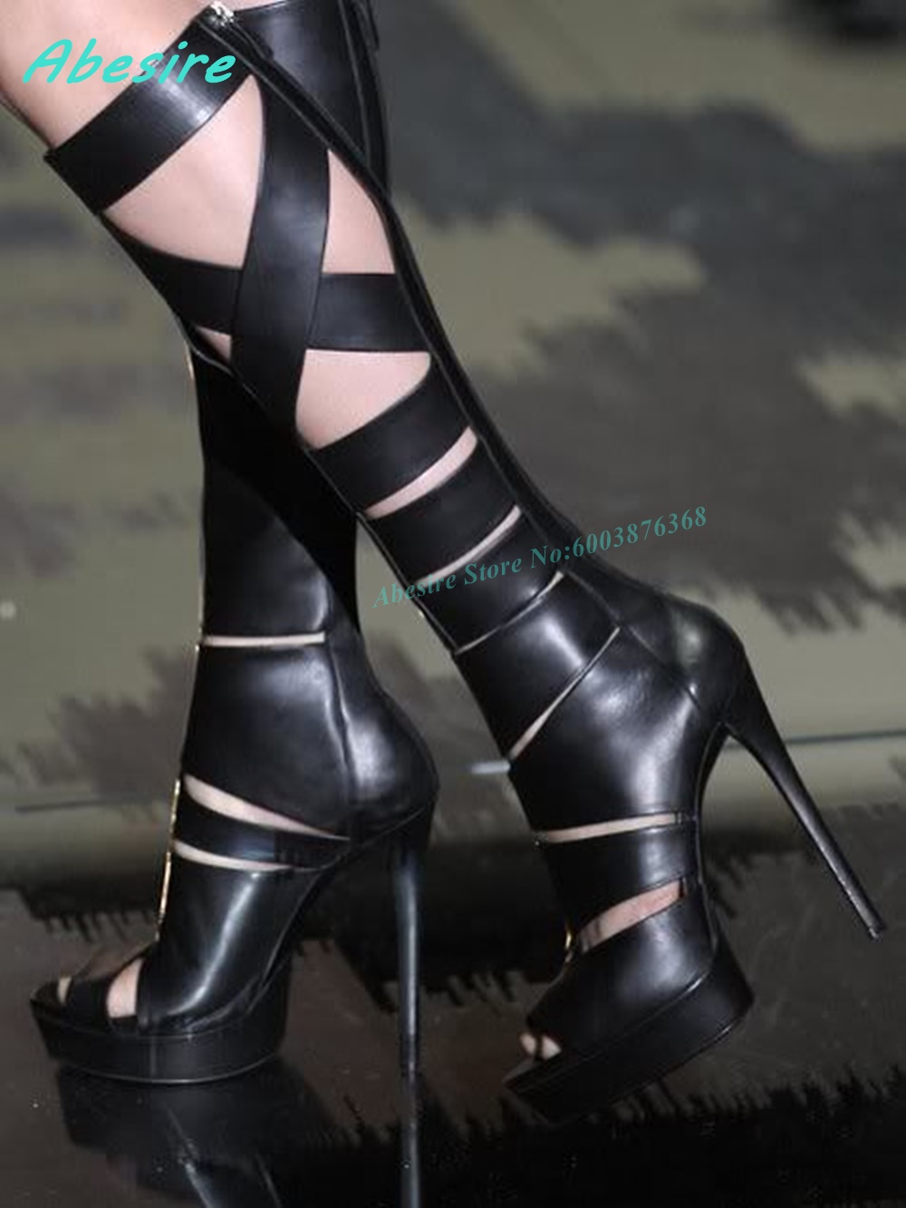 Knee High Boots Women - Sandały skórzane z krzyżowymi paskami, ażurowe,