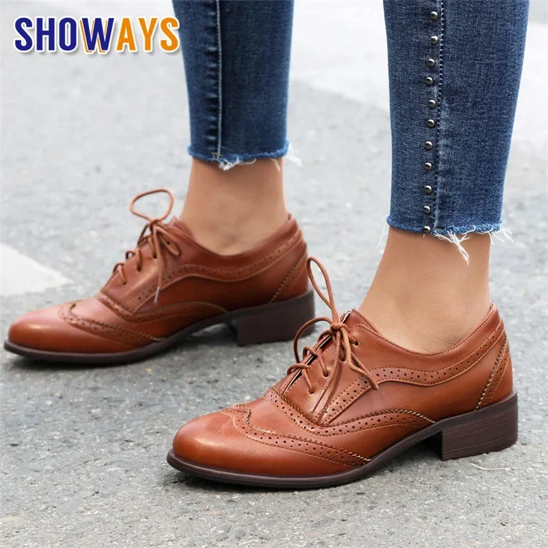 Oxford Lace Up Women - Brytyjskie baleriny damskie oksfordki na średnim